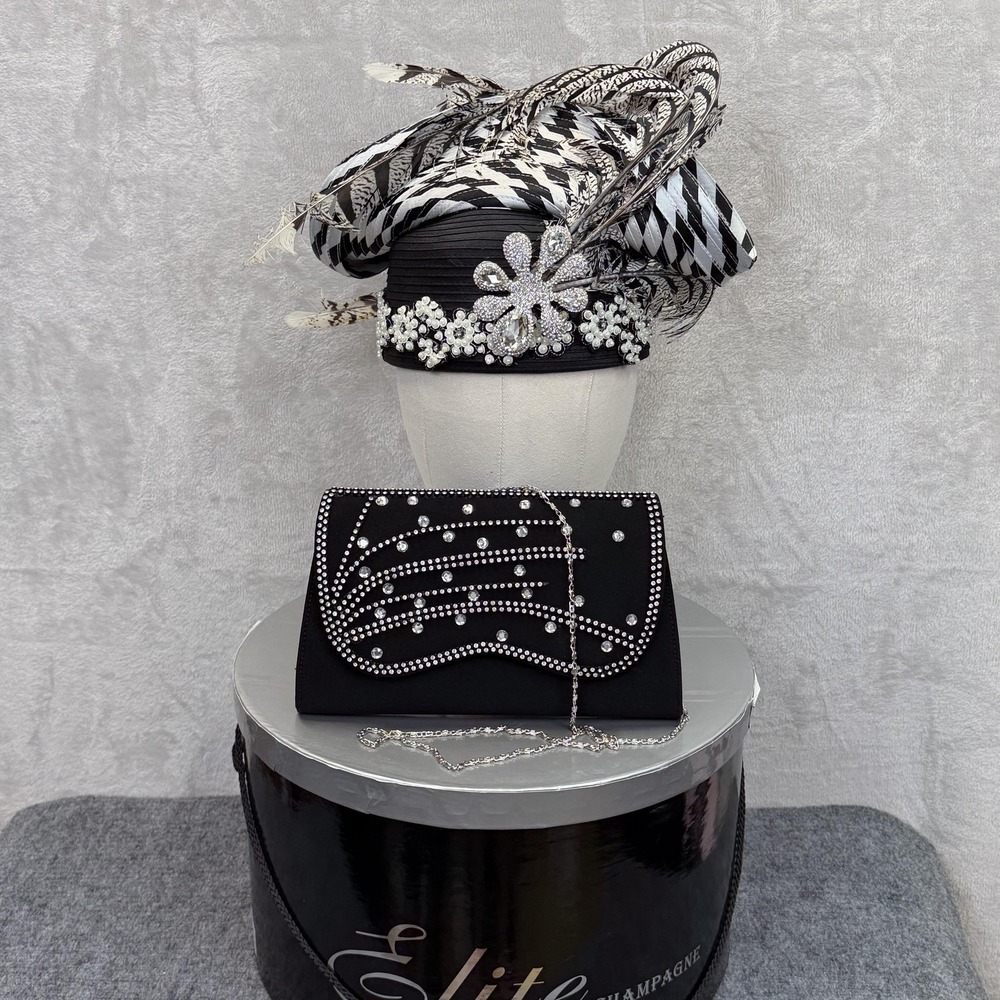Elite Champagne Hat & Purse SET Fascinator Black Rhinestone Beaded Derby Church